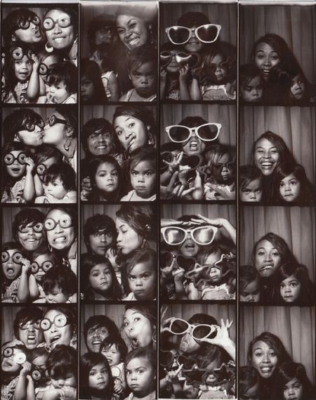 Family photo strip grid with kids trying on silly glasses props
