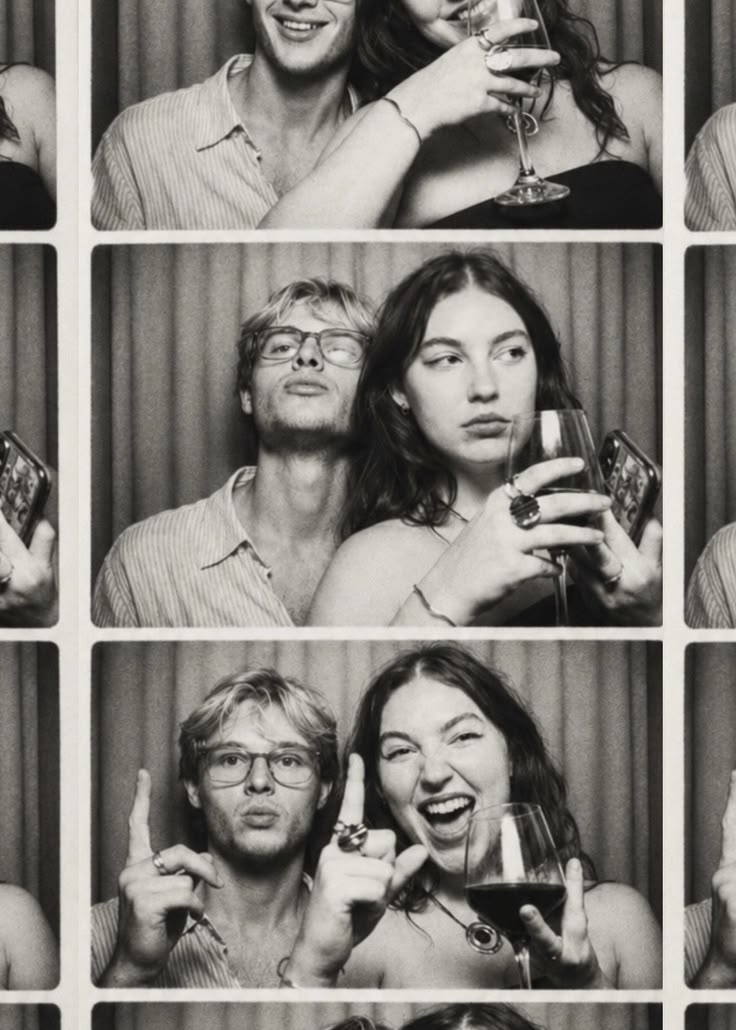 Black and white photo strip of guests toasting wine
